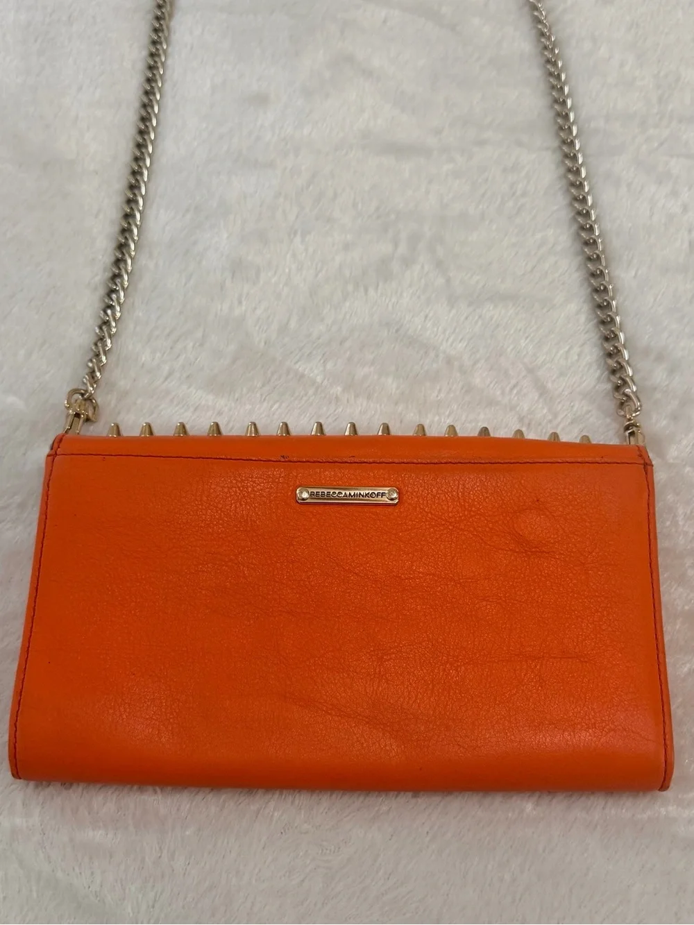 Rebecca Minkoff Studded Leather Wallet On A Chain In Vibrant Coral Orange